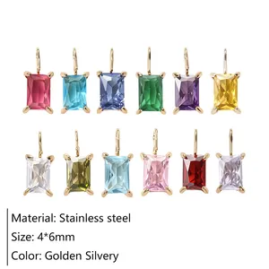Detail of 4x6mm rectangular colorful zircon charms in gold and silver stainless steel