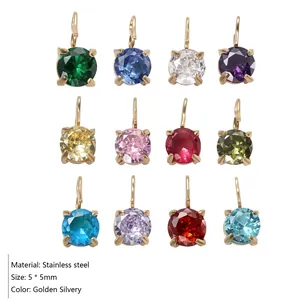 Detailed 5x5mm round colorful zirconia pendants in 12 shades with golden stainless steel claw