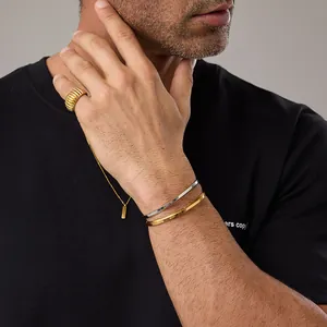 Minimalist gold titanium steel jewelry set with cuff bracelets, ring, and necklace