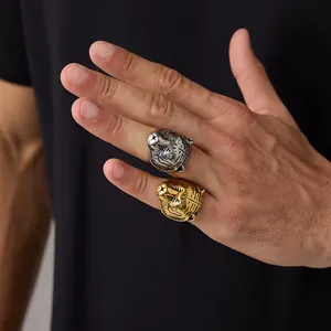 Vintage stainless steel tiger head rings in gold and silver finish for men and women