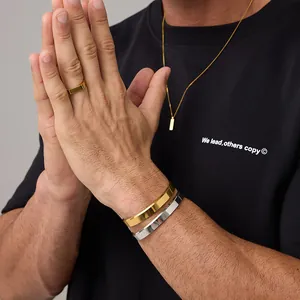Minimalist gold square ring and geometric necklace set styled on a male model