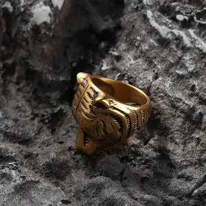 Macro view of vintage stainless steel tiger head ring with detailed black tiger stripes