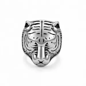 Retro stainless steel tiger head ring with vintage oxidized finish for men and women