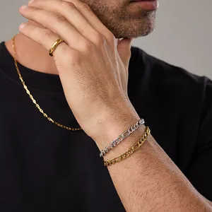 Ensemble bracelet Figaro doré et bague pour homme en acier inoxydable durable