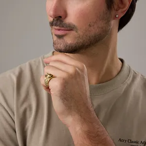Vintage gold wolf head ring with Viking Celtic patterns for men in street style fashion
