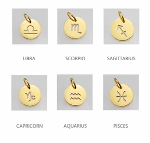 Detailed grid of six gold-plated hollow zodiac charms including Libra to Pisces