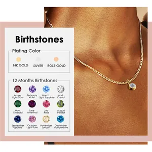 316 Roestvrij Staal Geboortesteen Halsketting Voor Vrouwen Rond Strass Bezel Hanger Schakelketting Mode Sieraden Verjaardagscadeau