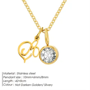 Collana in acciaio inossidabile dorato con pendente lettera A e zircone, 42cm