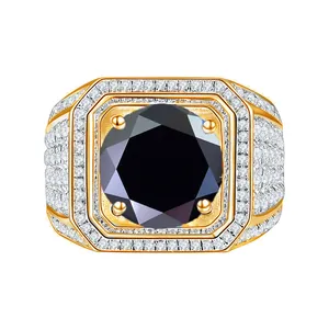Luxurious 925 silver gold-plated ring with large round black stone and pave accents
