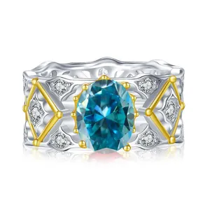 Bague vintage en argent S925 avec moissanite bleue ovale 2ct et détails bicolores