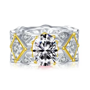 Bague rétro en argent S925 avec moissanite ovale de 2 ct et anneau bicolore ajouré