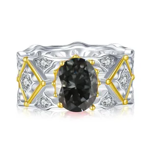 Bague vintage en argent S925 avec moissanite ovale 2ct et fines gravures ajourées