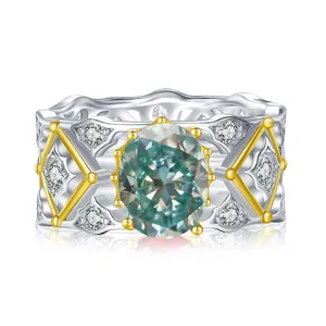 Bague moissanite 2ct ovale bleu-vert en argent S925 avec détails en or 18k