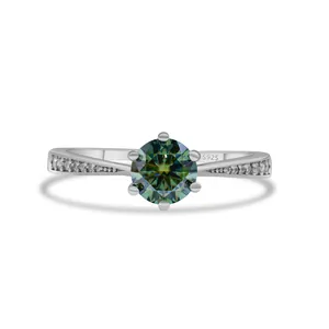 Detail of S925 silver ring with cyan moissanite in classic six-prong setting