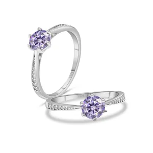 Detail view of S925 silver ring featuring a purple gemstone in a six-prong setting