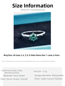 Detailed view of 1ct blue-green moissanite ring with six-prong silver setting