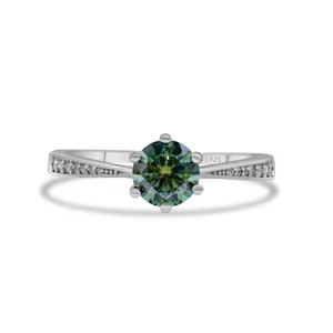 Classic S925 sterling silver six-prong ring featuring a round green moissanite stone