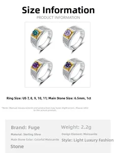 Size chart for 925 silver moissanite ring with detailed 1ct stone and US 7-11 measurements