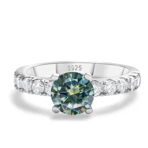 Luxurious S925 sterling silver moissanite ring with teal gemstone and four-prong setting