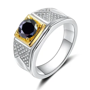 Detailed shot of 925 silver men ring with large round black moissanite and gold claws