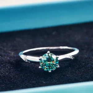 Classic 1 carat moissanite silver ring with six-prong setting and side stone accents