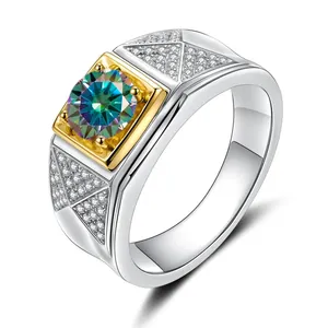 Macro shot of 925 sterling silver men's ring with square moissanite stone and side diamonds