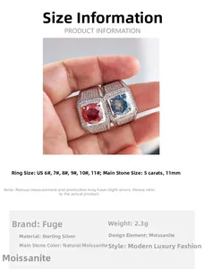 Size chart for 5 carat princess cut moissanite silver rings in blue and red stone variants