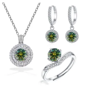 925 Sterling Silber Moissanit Rund Halo Halskette Ohrringe Und Verstellbarer Ring Platin Überzogener Schmuck Für Damen