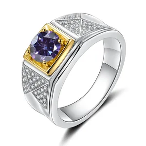 Men's 925 silver ring with purple moissanite stone in a two-tone square gold setting