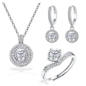 Schmuckset aus 925er Sterlingsilber mit Halo-Halskette, Ohrringen und Wellenring mit Moissanit