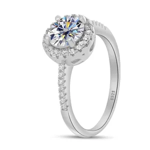 Macro detail of S925 sterling silver hallmarking on a halo moissanite engagement ring