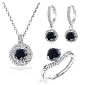 Schmuckset aus 925er Sterlingsilber mit schwarzen Edelsteinen, Halskette, Ohrringe und Ring