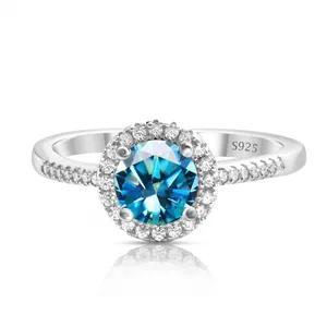 Elegant 925 sterling silver ring with halo set blue moissanite and pave diamonds