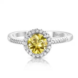 Classic 925 silver halo ring with yellow moissanite stone and brilliant white side diamonds