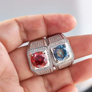 Luxury 5 Carat Moissanite Ring 925 Sterling Silver Royal Blue Red Round Stone Square Halo Rhinestone Inlaid Hip Hop Jewelry Men