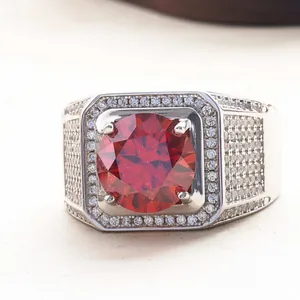 Luxury S925 sterling silver ring featuring a 5-carat round red moissanite stone in a halo setting