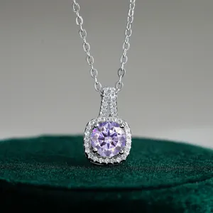 S925 Sterling Silver Square Halo Moissanite Pendant Necklace Round Cut Brilliant Zirconia Jewelry For Women Anniversary Gift