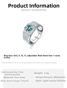 S925 sterling silver ring detail with 1ct blue moissanite and size specification table