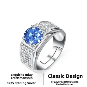 Close-up of S925 sterling silver men's ring with 1ct round blue moissanite and micro-pave