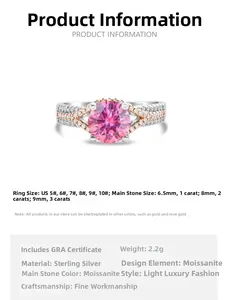 Maattabel voor roze moissanite ring van S925 zilver met details van 1 tot 3 karaat