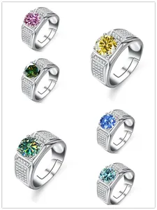 Macro display of six adjustable men's silver rings with various colored moissanite gems