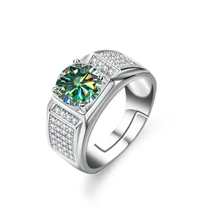 Classic 925 silver 1ct green moissanite ring for men with side stones and open band