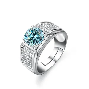 Luxurious S925 sterling silver men's ring with 1ct light blue moissanite and pave accents