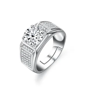 Men's 1-carat moissanite ring in S925 sterling silver with adjustable open band
