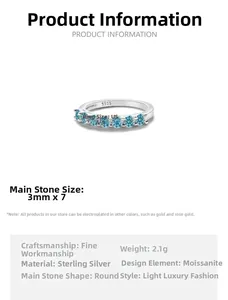 Detail specifications for S925 silver ring featuring seven blue moissanite stones
