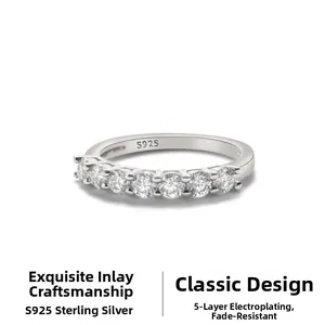 Close-up of S925 sterling silver ring with seven claw-set round cubic zirconia stones
