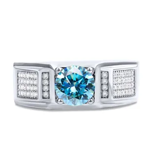 Luxury 925 Sterling Silver Moissanite Ring For Men Platinum Plated Round Cut Wide Band Business Wedding Jewelry Band