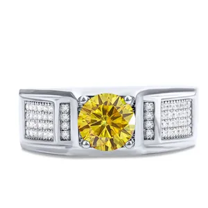 Men's 925 sterling silver ring with 1ct yellow round moissanite and side diamond accents