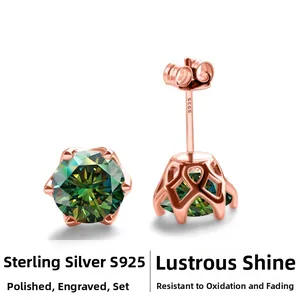 Detalle del sello S925 en pendientes de oro rosa con moissanita verde brillante
