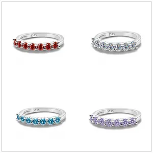 925 Sterling Silver Moissanite Multi Stone Row Ring For Women Minimalist Inlaid Round Colorful Eternity Finger Ring Fashion Jewelry Gift